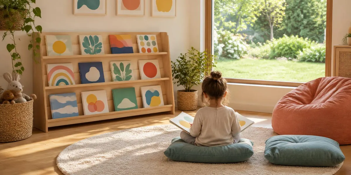 A young child, seen from behind, sitting on a teal cushion looking at a picture book in a sunny reading corner