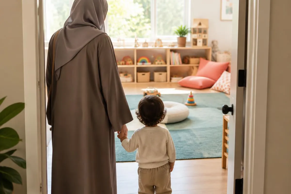 A parent and toddler, seen from behind, looking into a bright nursery playroom through an open door