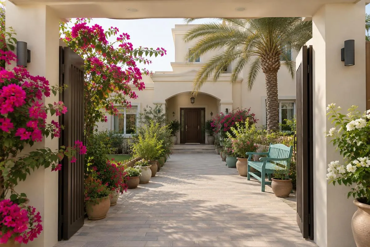 Shaded villa entrance with an open gate, a paved path lined with potted plants and a teal bench