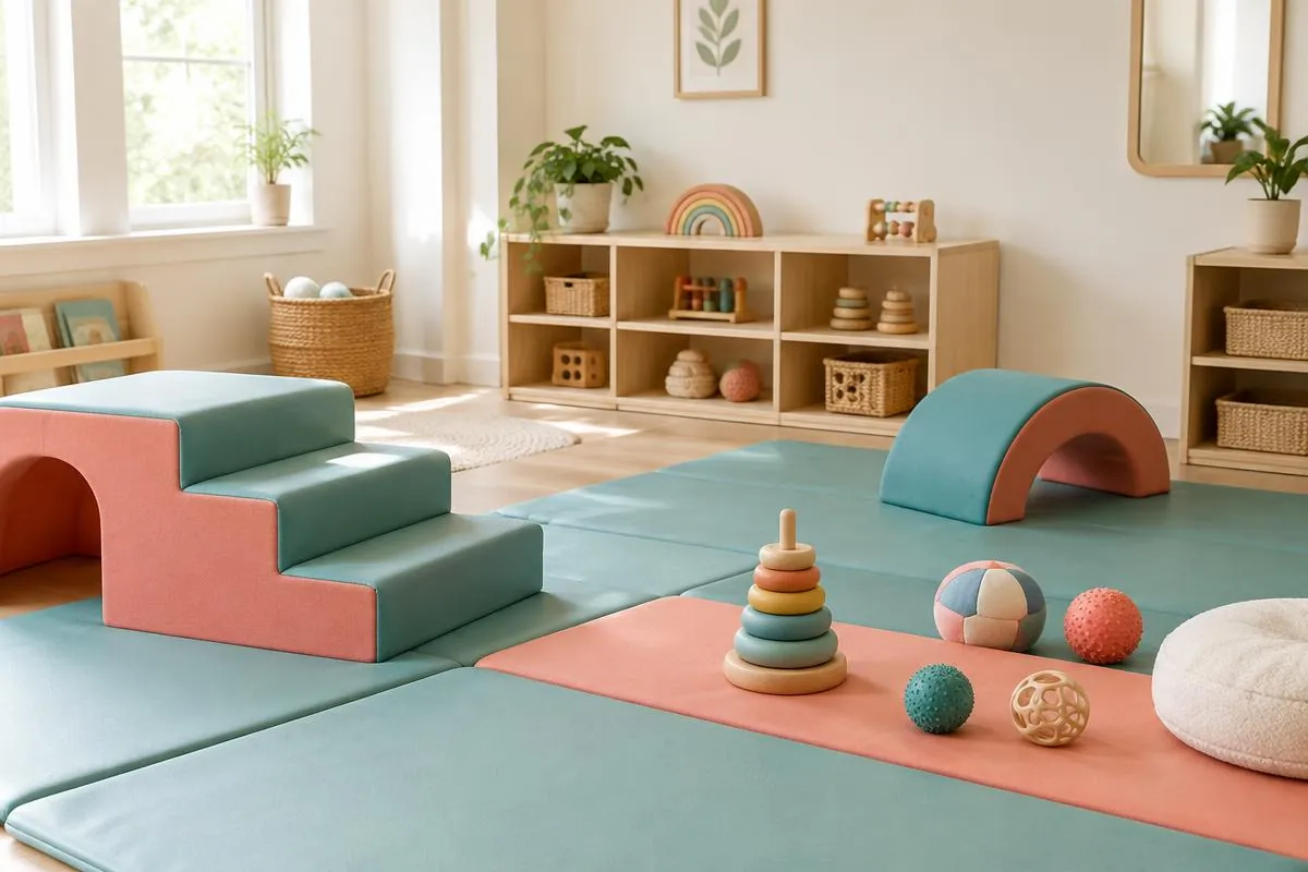 Soft infant and toddler area with teal and coral foam steps, play mats, stacking rings and sensory balls