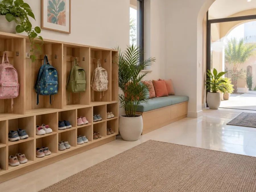 Entrance hall with wooden cubbies holding small shoes and backpacks, and a teal bench with coral cushions