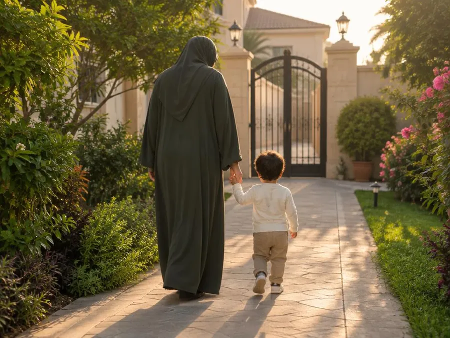 A parent and toddler, seen from behind, walking hand in hand along a garden path toward a gate