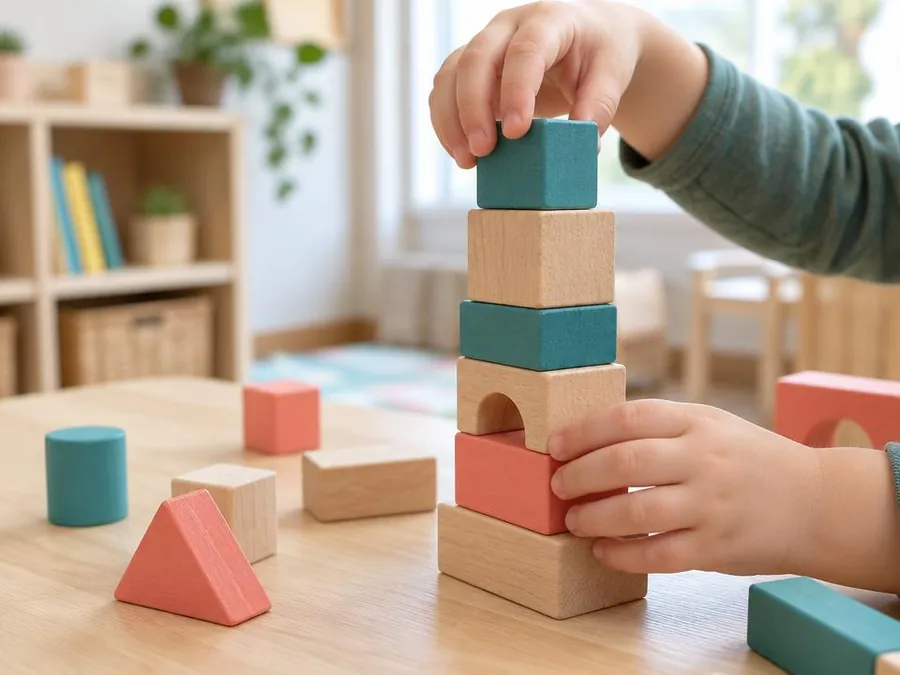 Small hands building a tower of natural, teal and coral wooden blocks on a table