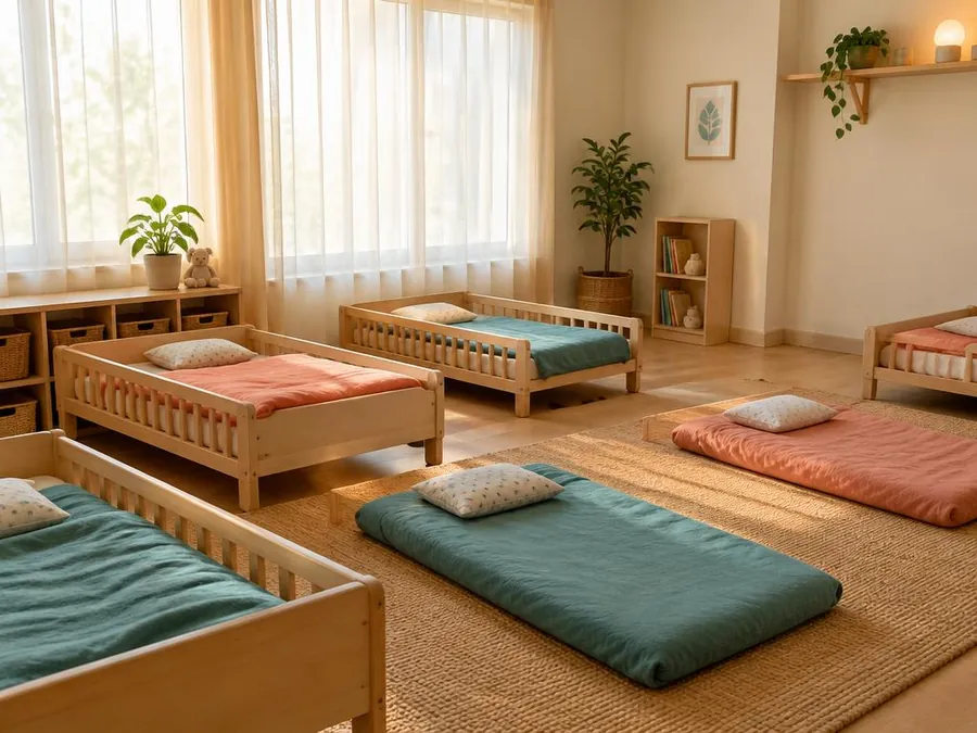 Calm nap room with low wooden toddler beds and floor mattresses with teal and coral blankets