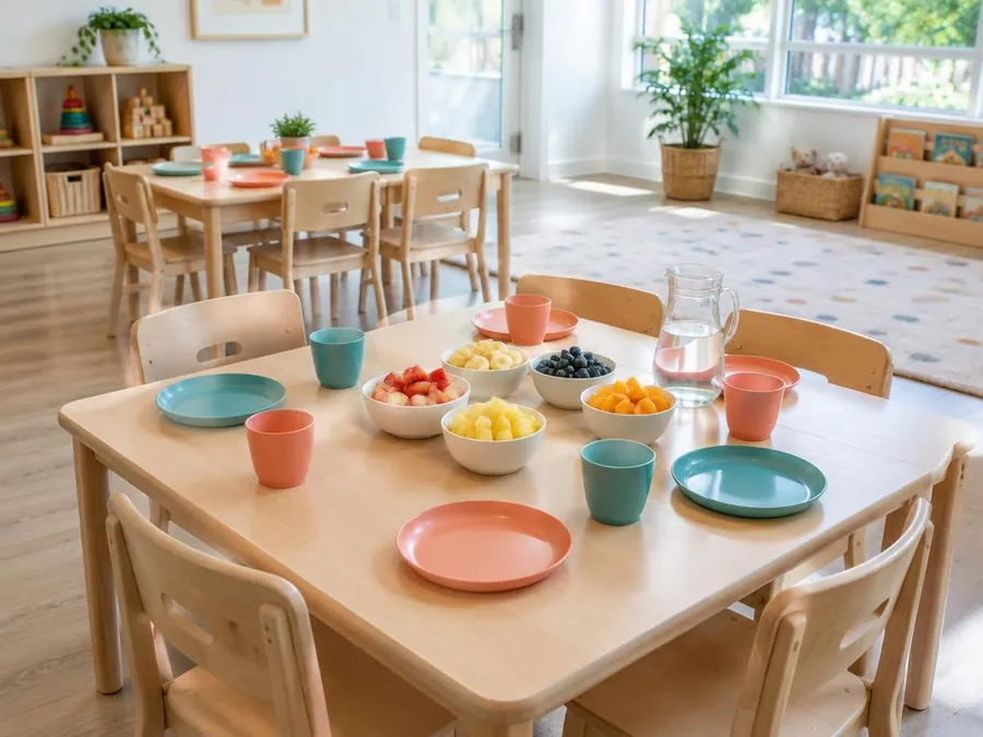 Child-sized table set with bowls of fresh fruit and teal and coral cups and plates