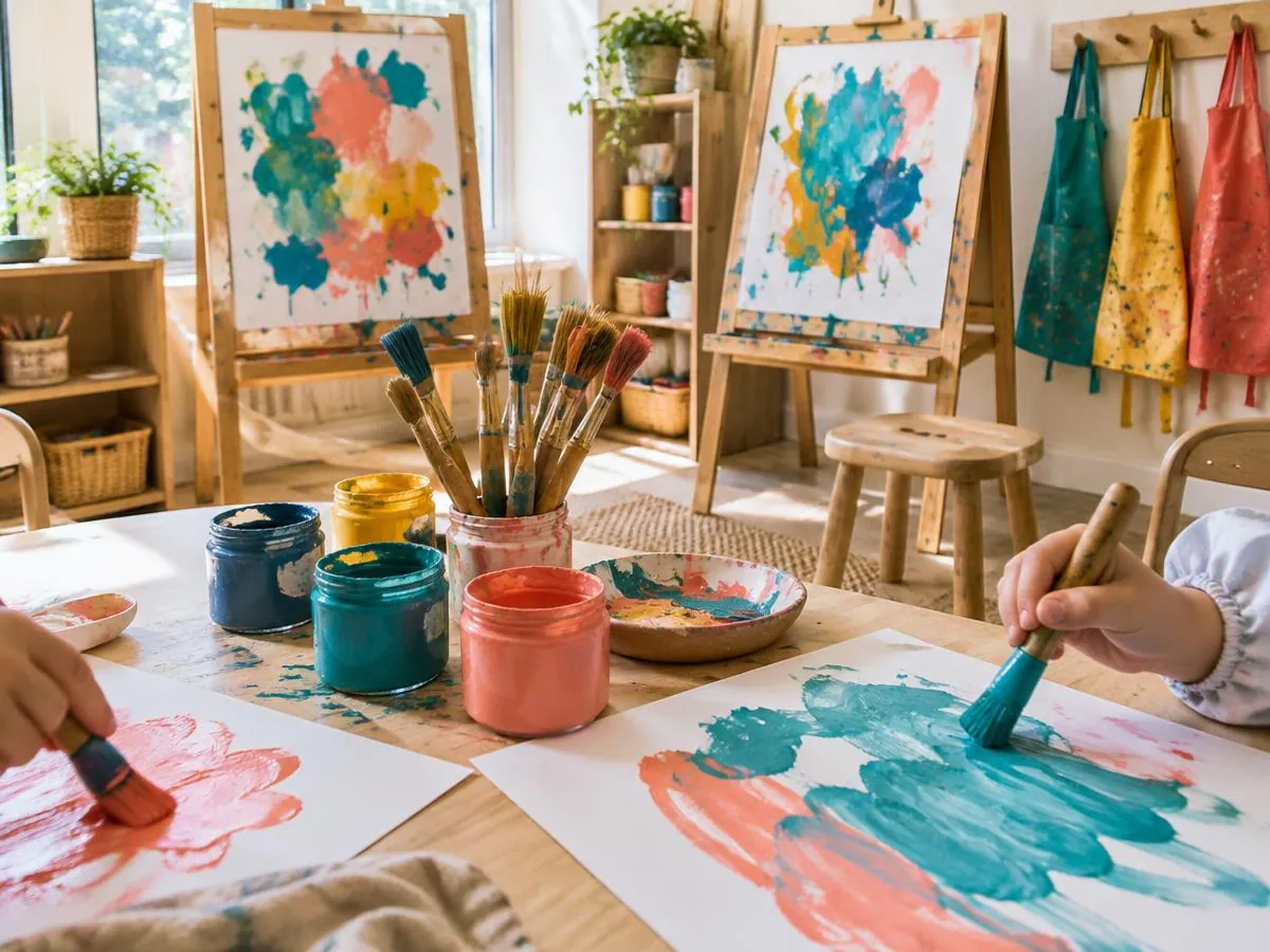 Art corner with easels, pots of paint and small hands painting in teal and coral