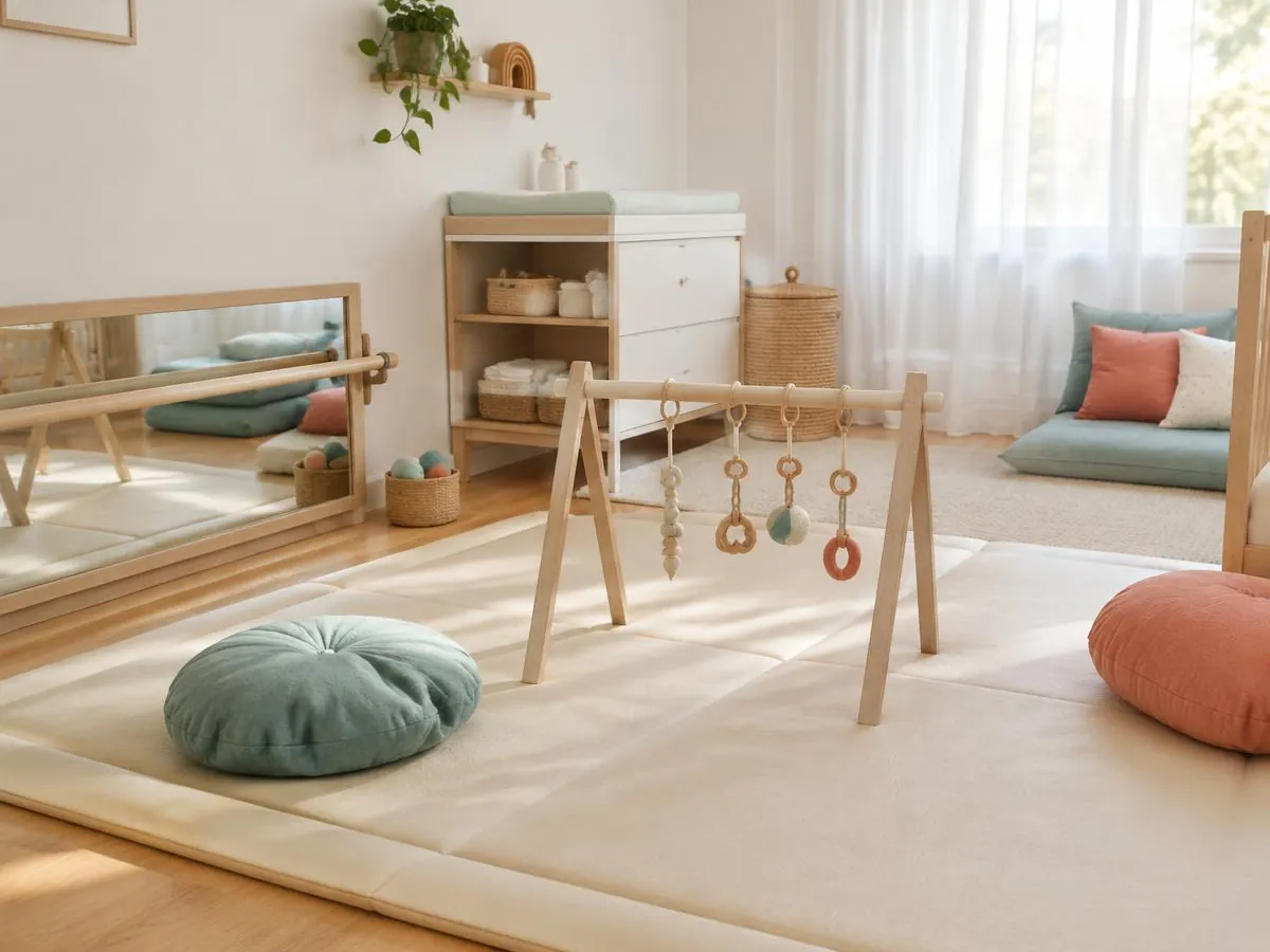 Gentle baby room with soft cream mats, a wooden baby gym, low mirror and floor cushions