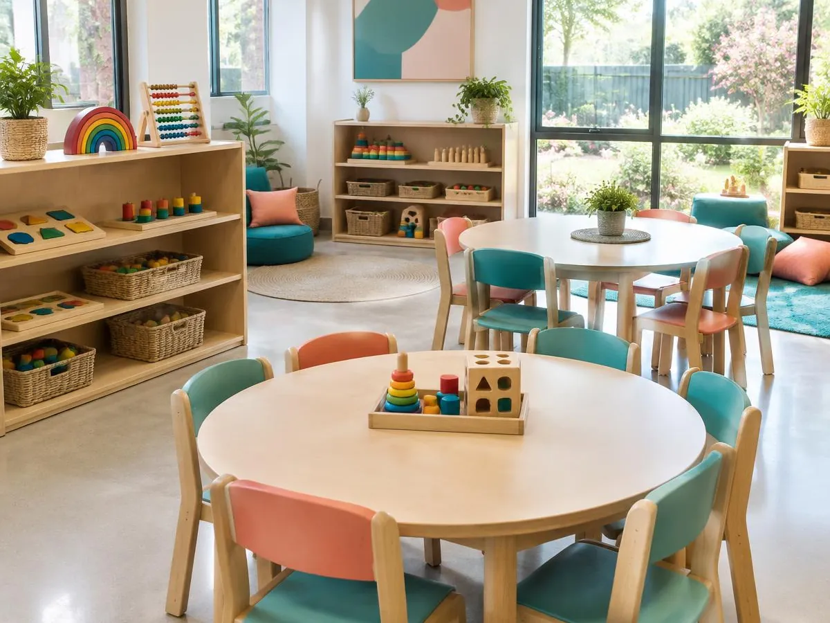 Classroom learning corner with round wooden tables, teal and coral chairs and shelves of puzzles
