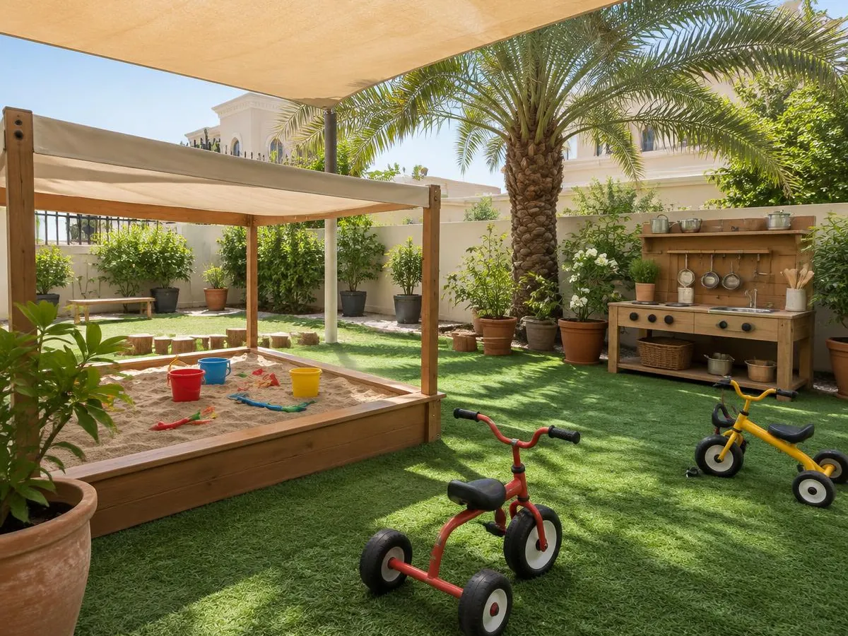 Shaded garden play space with a sandpit, tricycles, a wooden mud kitchen and a palm tree