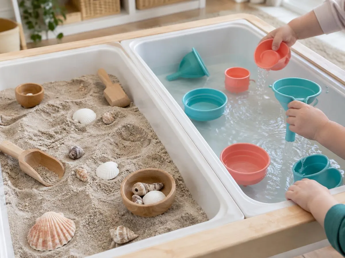Sensory play table with a tray of sand and shells and a tray of water with cups and funnels