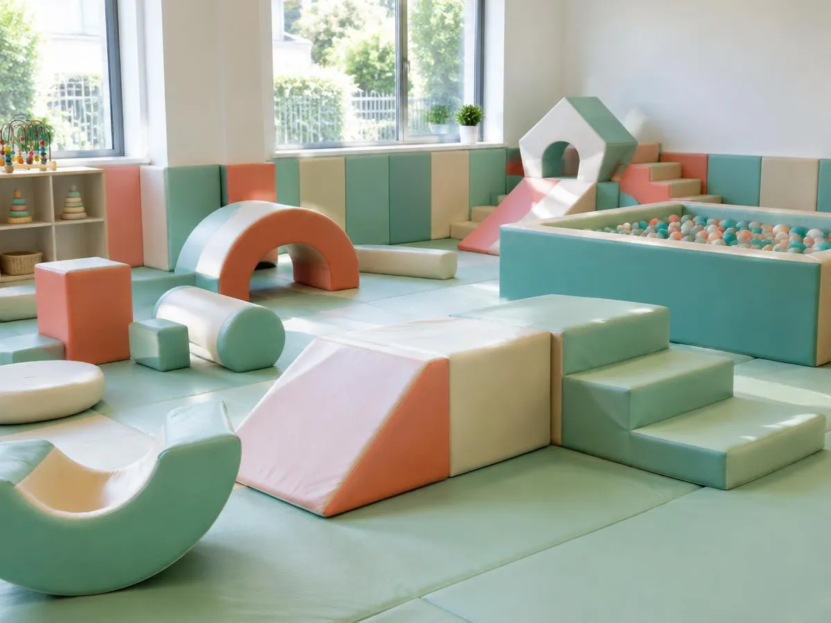 Indoor soft play room with padded foam blocks, ramps, steps and a ball pit
