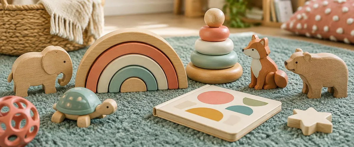 Wooden toddler toys — a rainbow stacker, stacking rings and animals — on a soft teal rug